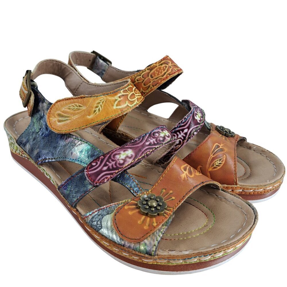 Spring Step Suzanne Leather Wedge Comfort Sandals Size 36 US 5.5-6 Boho Tooled